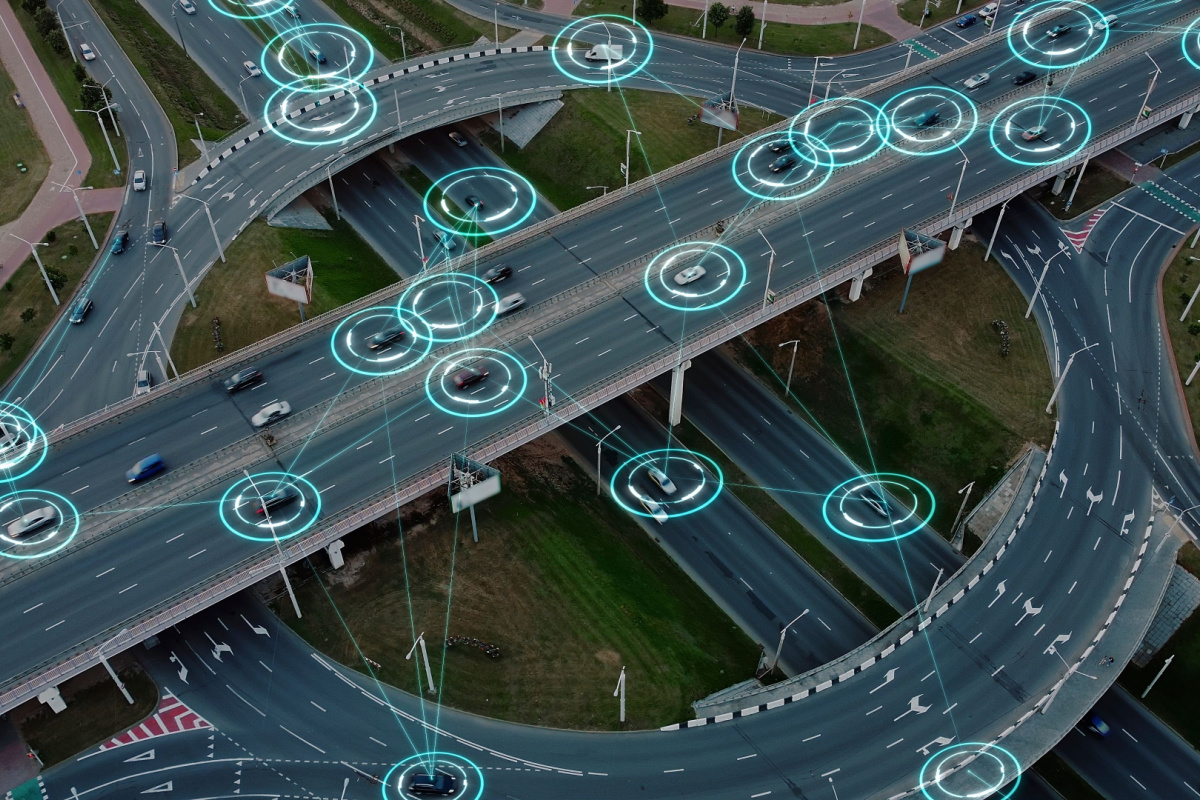Aerial view of traffic with autonomous cars 
