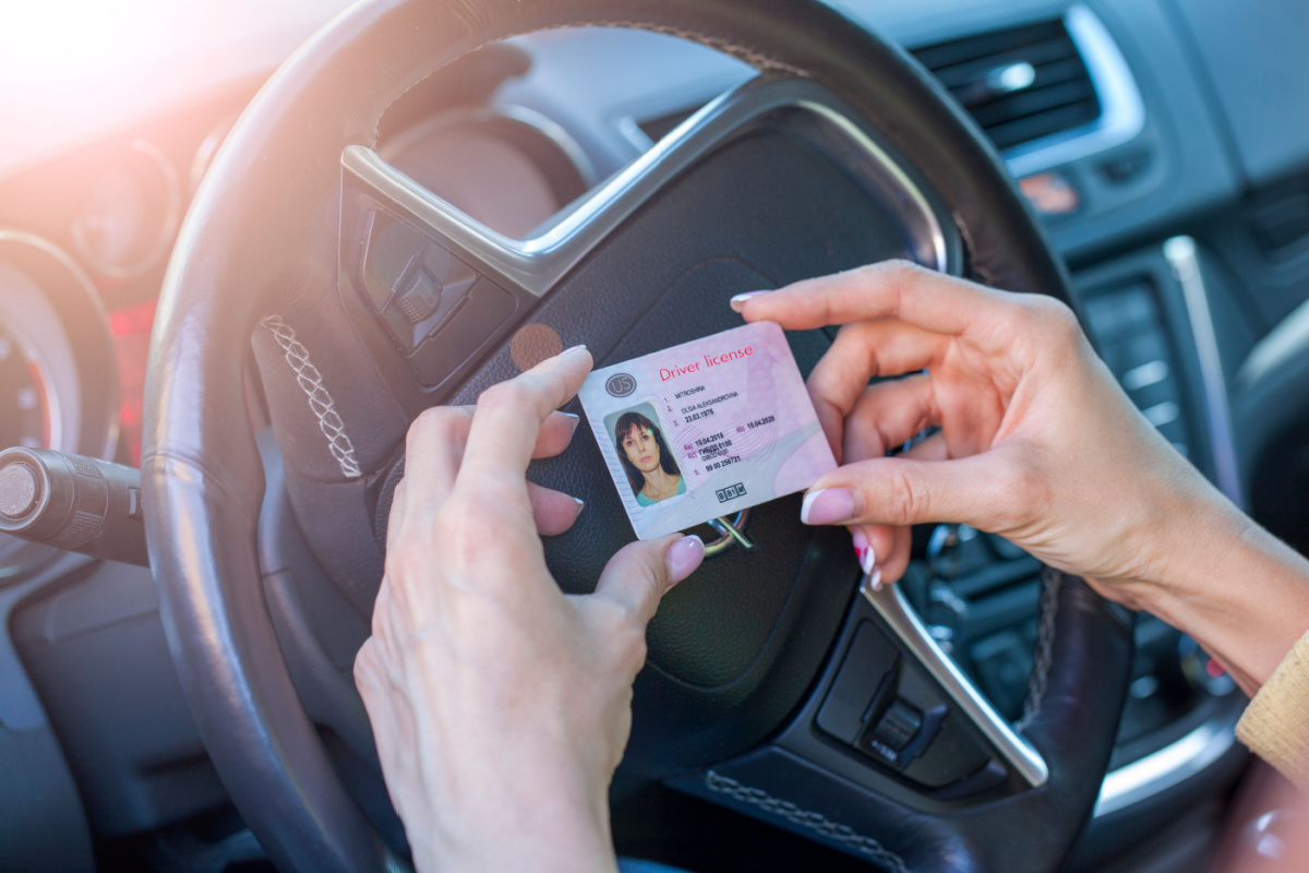 Individual holding driver's license in car 