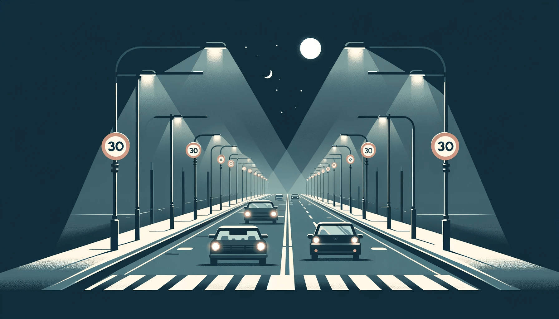 Graphic of cars driving at night with street lamps and speed limit signs