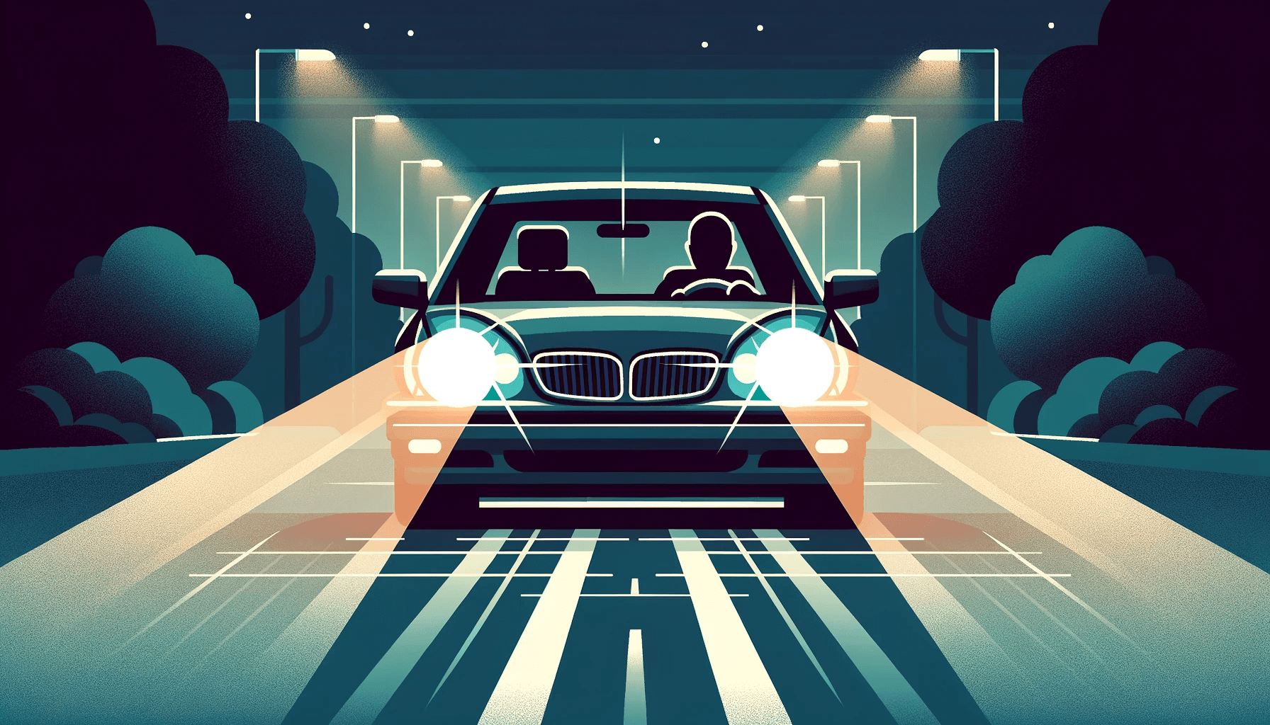 Graphic of a car with high beams on