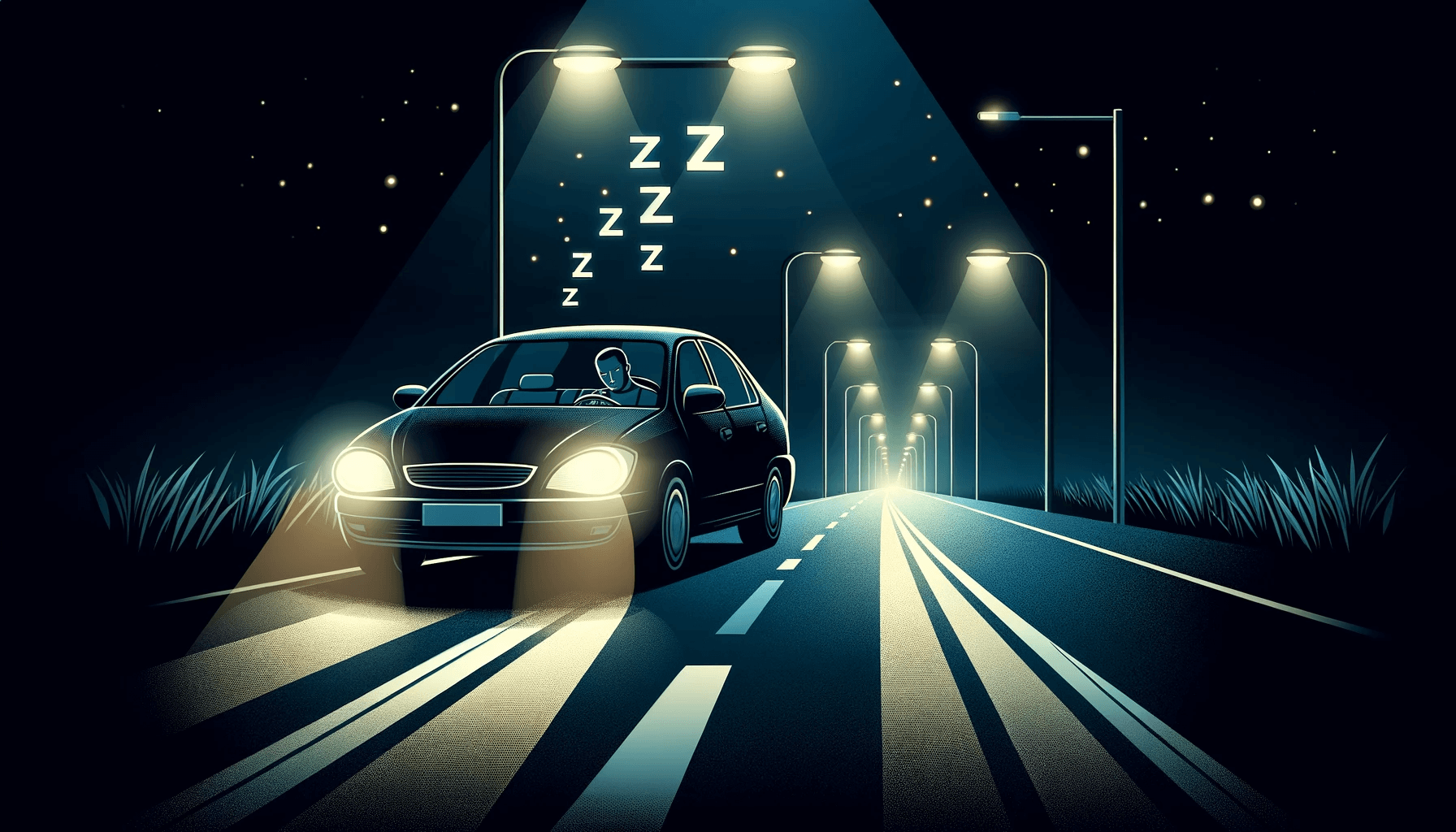 Graphic of nighttime driver dozing off