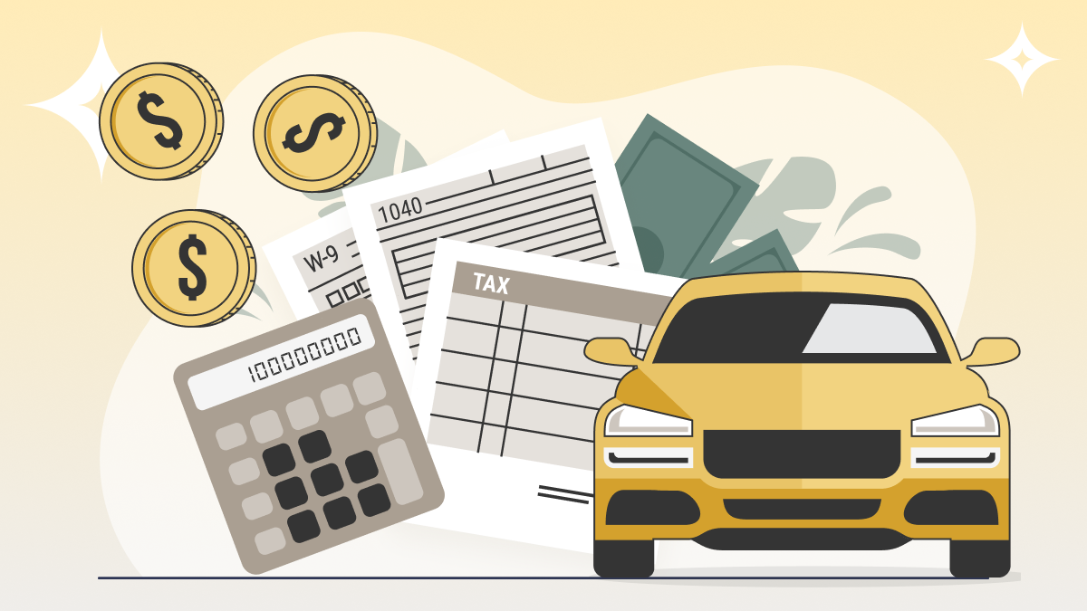 Illustration with tax form, calculator, and car