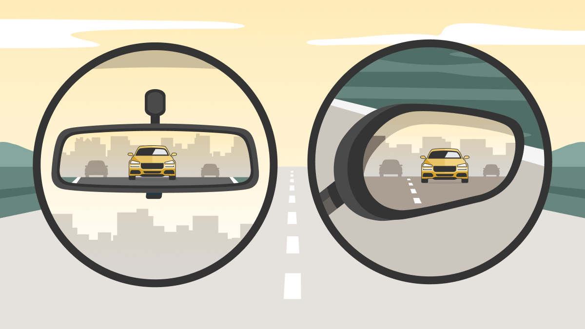 Graphic of properly adjusted side and rearview mirrors