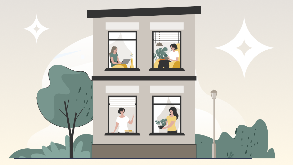 Graphic of a condo building with neighbors inside