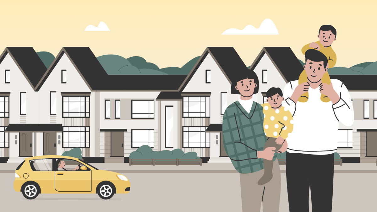 Graphic of a family standing in front of a condo building