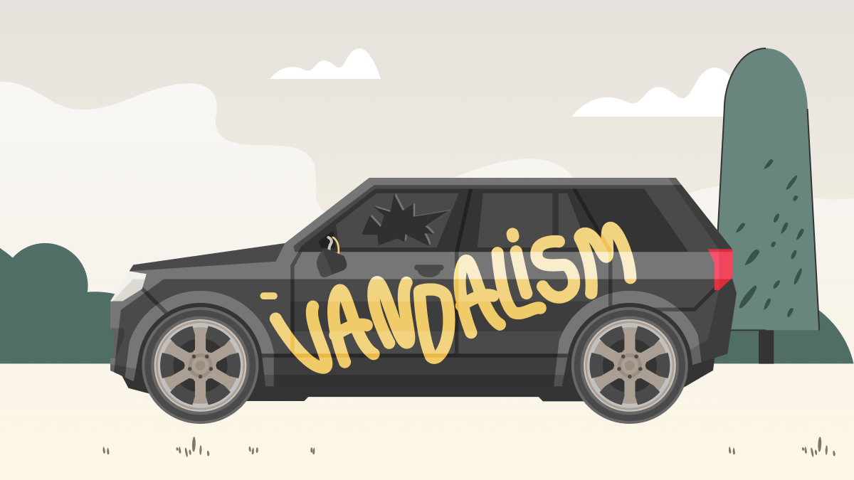Graphic of a vandalized car with graffiti on it